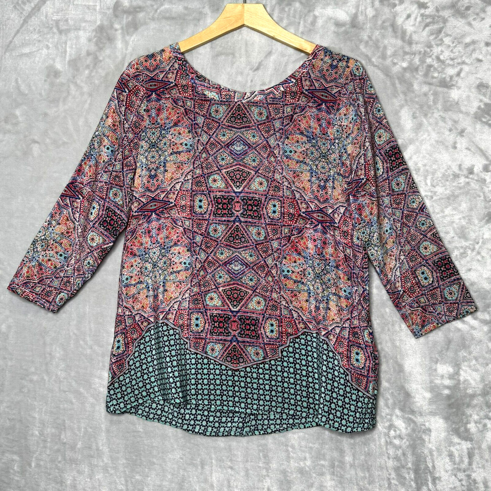 Maeve Anthropologie Top Womens 6 Blue Pink Mixed Print Silk Back Button Closure